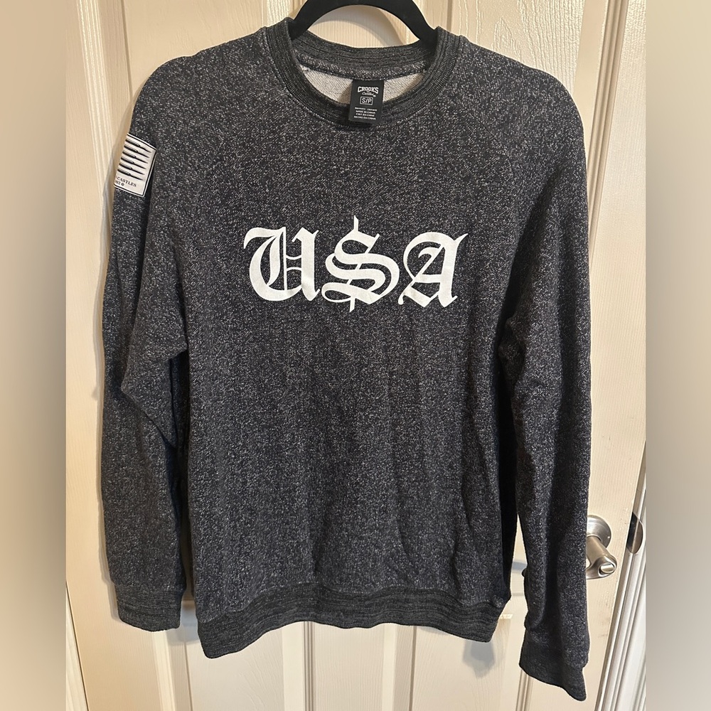 Crooks & Castles Unisex USA Crewneck Sweater, Dark Gray & White, Sz S